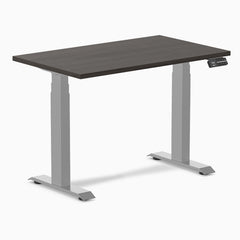 Desky Dual Mini Sit Stand Desk, Burnished Wood desktop, Grey frame