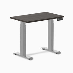 Desky Dual Mini Sit Stand Desk, Burnished Wood desktop, Grey frame