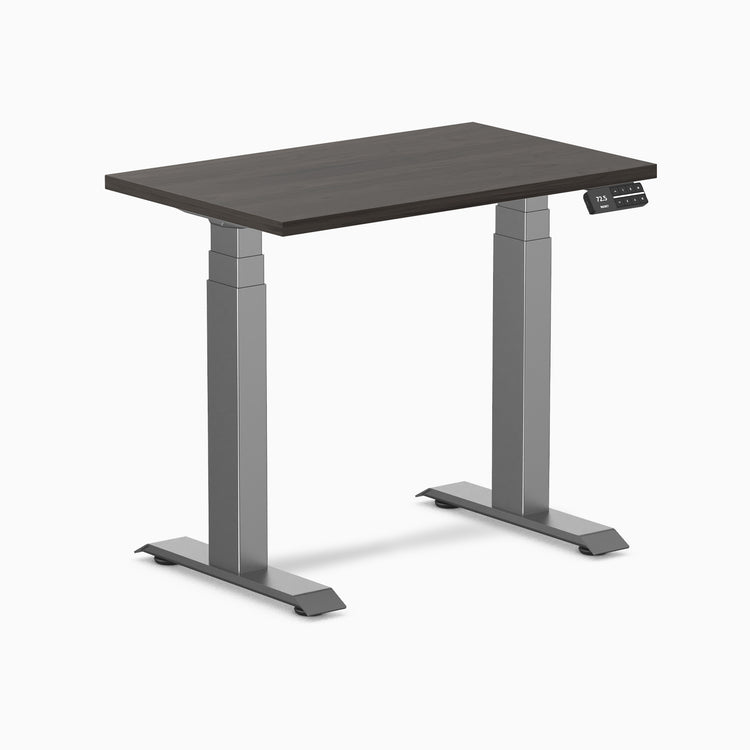 Dual mini melamine standing desk - burnished wood laminate - space grey 32"