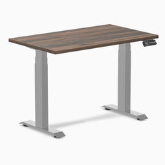 Desky Dual Mini Sit Stand Desk, Jarrah Legno desktop, Grey frame