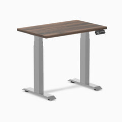 Desky Dual Mini Sit Stand Desk, Jarrah Legno desktop, Grey frame