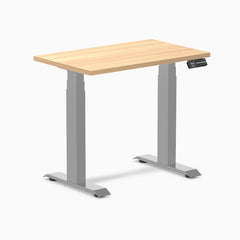 Desky Dual Mini Sit Stand Desk, Sublime Teak desktop, Grey frame