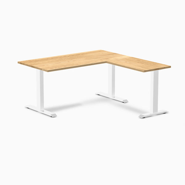 Desky Zero Hardwood L-Shape Office Desk, White Oak desktop, White frame